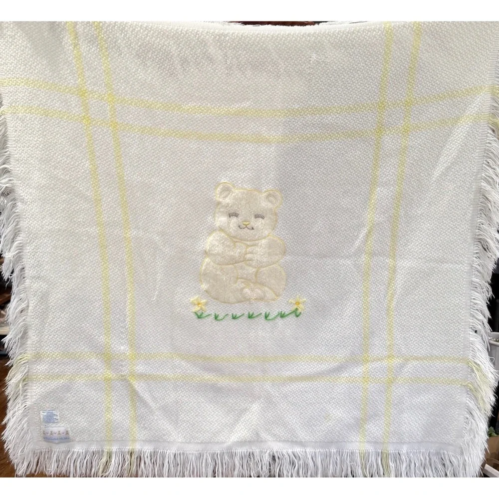 Vintage Welcome Home Baby Blanket Unisex OS White Yellow Excellent Plaid Bear